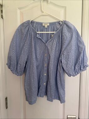 ON 34th Light Blue Eyelet Puff-Sleeve Button Blouse